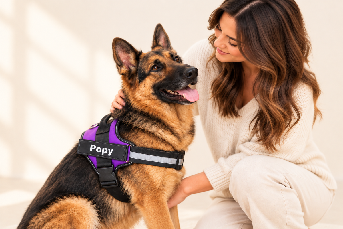 Berger allemand et maître harnais violet Popy 16:9