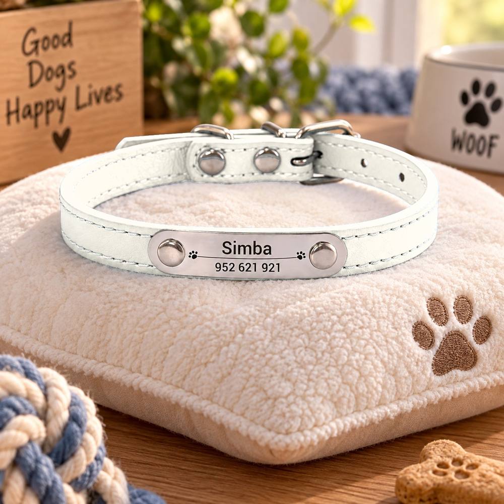Collier Personnalisé Chien & Chat — Gravure Nom & Numéro — Anti-Perte — Cuir PU
