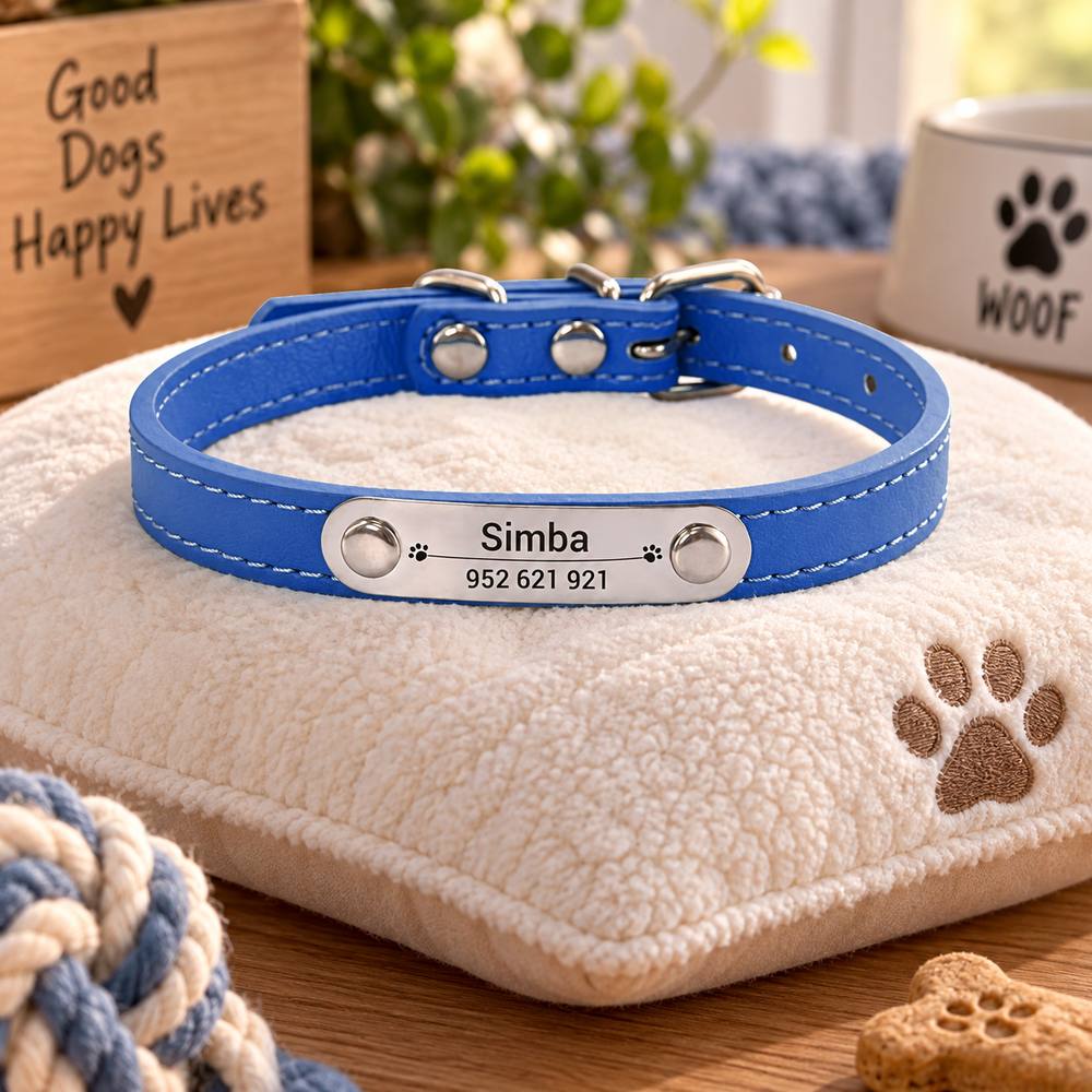 Collier Personnalisé Chien & Chat — Gravure Nom & Numéro — Anti-Perte — Cuir PU