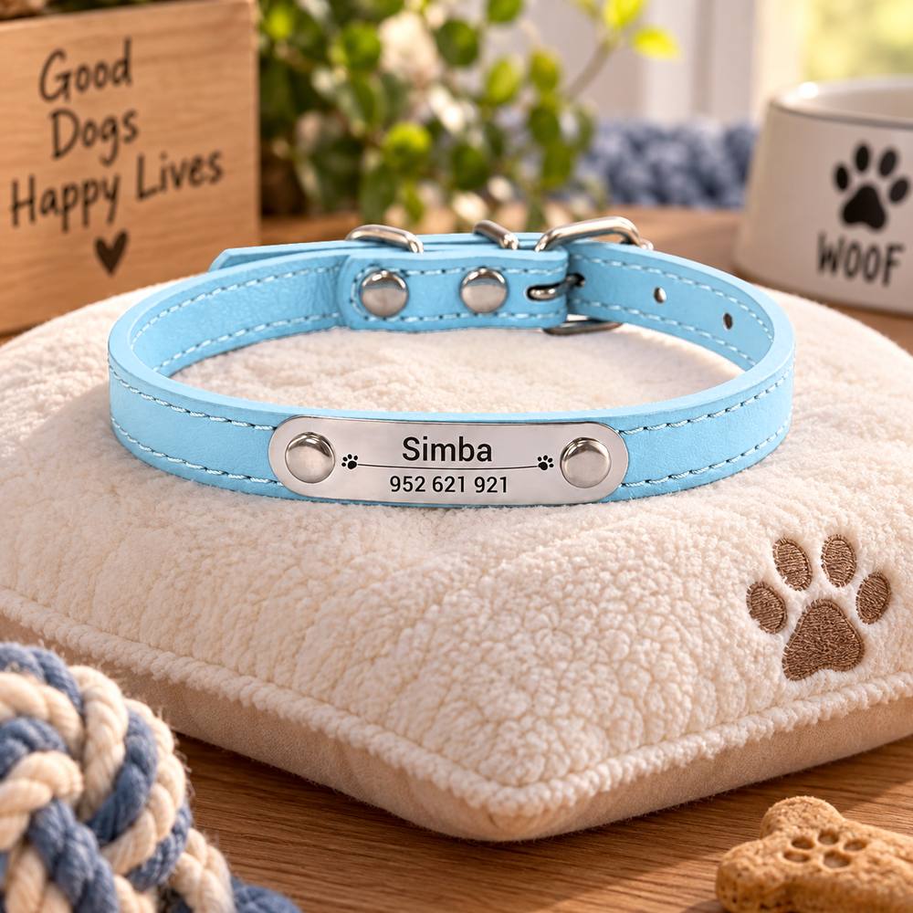 Collier Personnalisé Chien & Chat — Gravure Nom & Numéro — Anti-Perte — Cuir PU