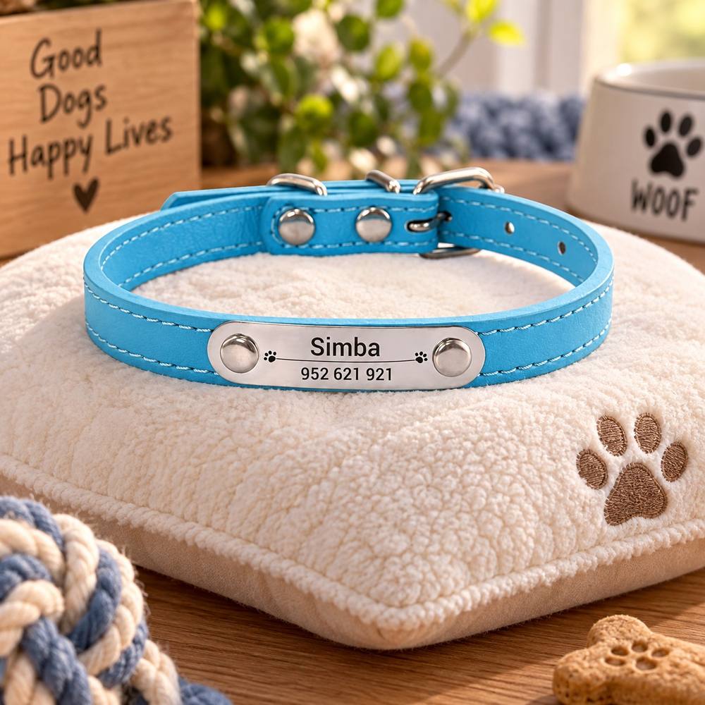 Collier Personnalisé Chien & Chat — Gravure Nom & Numéro — Anti-Perte — Cuir PU