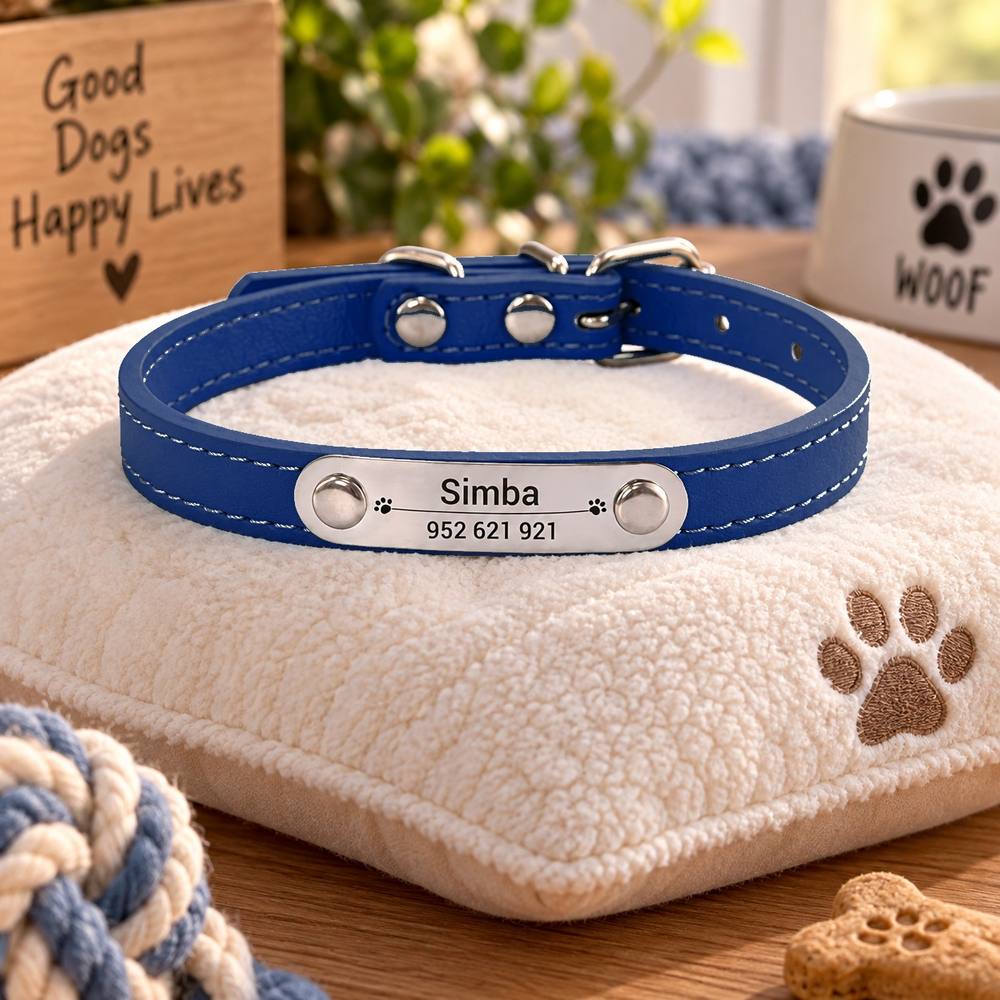 Collier Personnalisé Chien & Chat — Gravure Nom & Numéro — Anti-Perte — Cuir PU