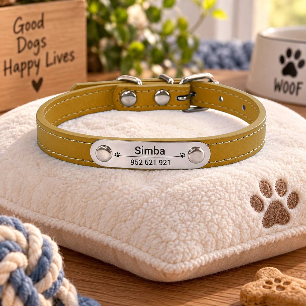 Collier Personnalisé Chien & Chat — Gravure Nom & Numéro — Anti-Perte — Cuir PU