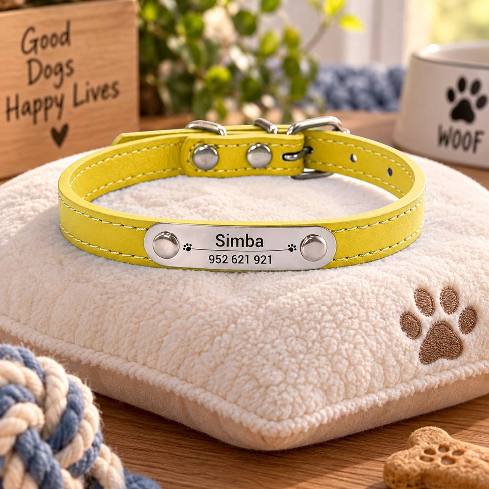 Collier Personnalisé Chien & Chat — Gravure Nom & Numéro — Anti-Perte — Cuir PU
