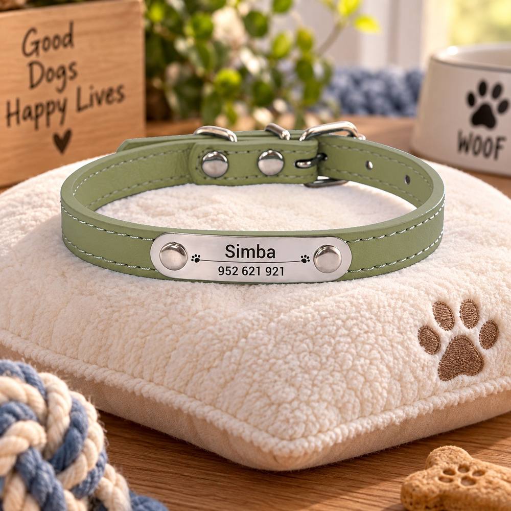 Collier Personnalisé Chien & Chat — Gravure Nom & Numéro — Anti-Perte — Cuir PU