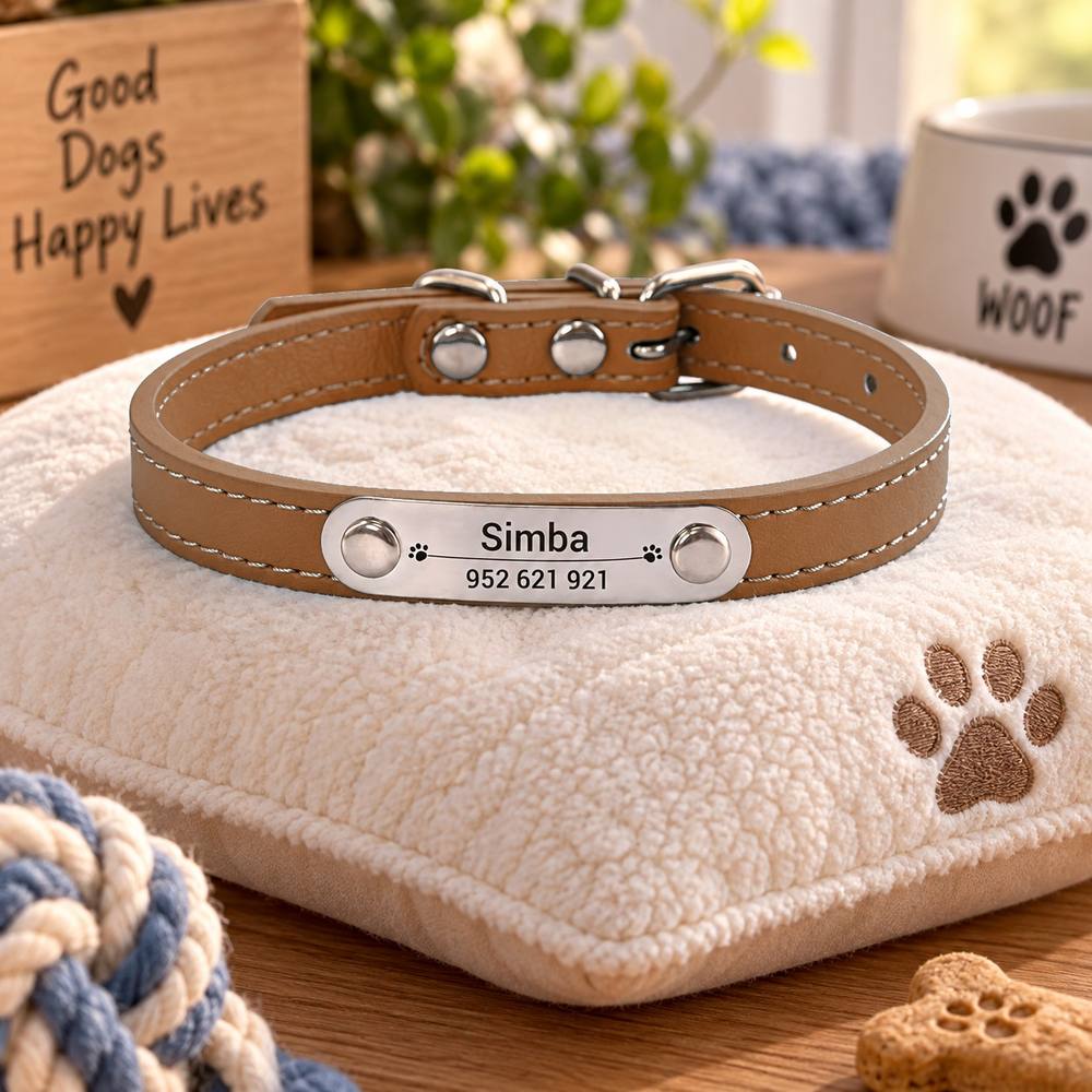 Collier Personnalisé Chien & Chat — Gravure Nom & Numéro — Anti-Perte — Cuir PU