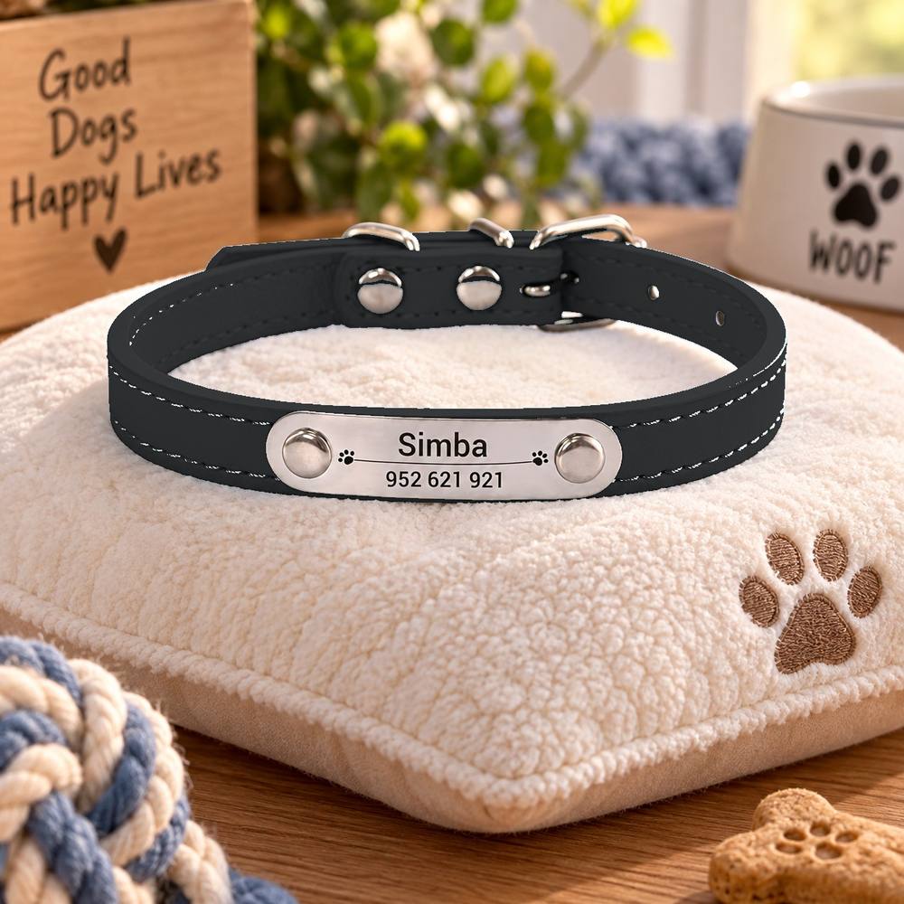 Collier Personnalisé Chien & Chat — Gravure Nom & Numéro — Anti-Perte — Cuir PU