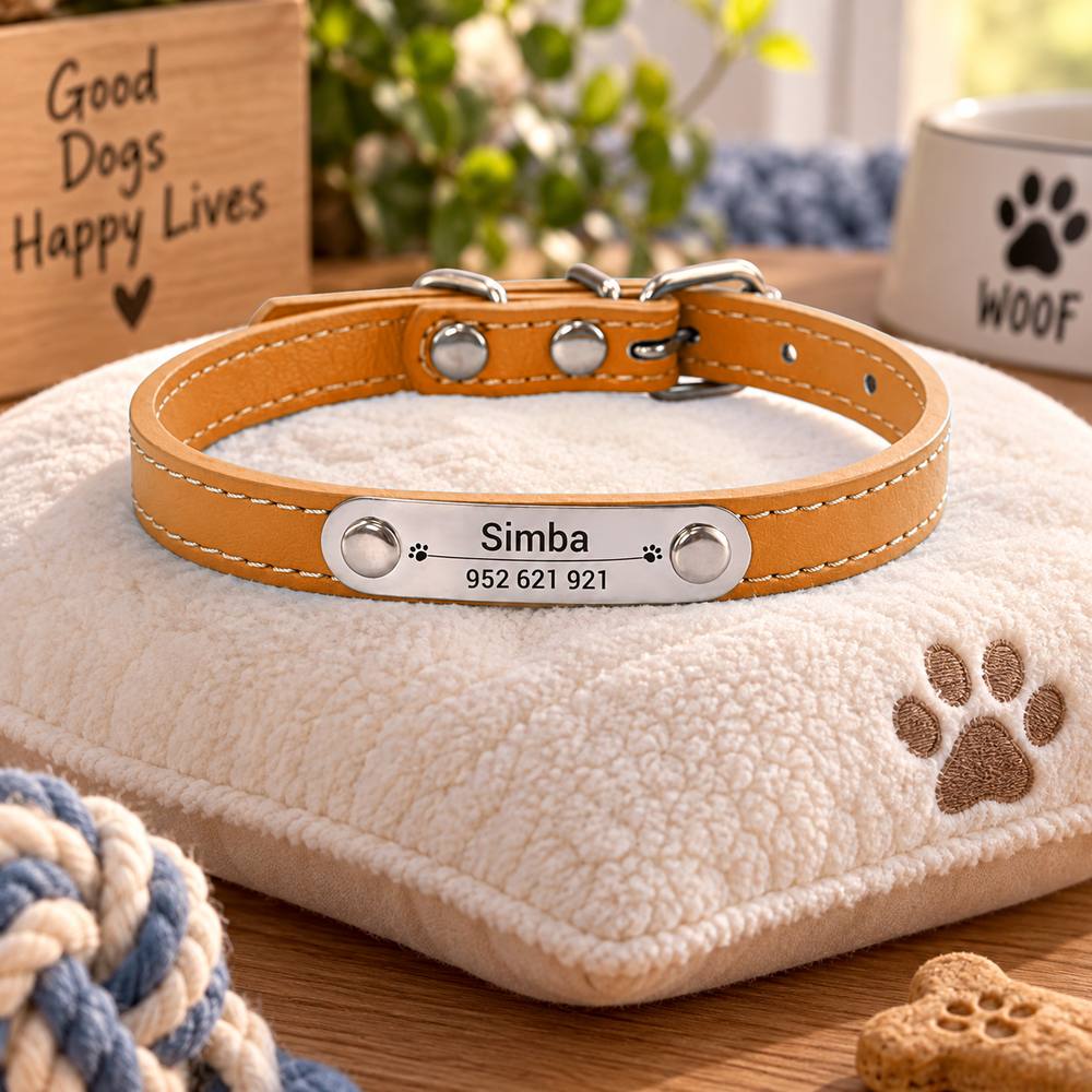 Collier Personnalisé Chien & Chat — Gravure Nom & Numéro — Anti-Perte — Cuir PU