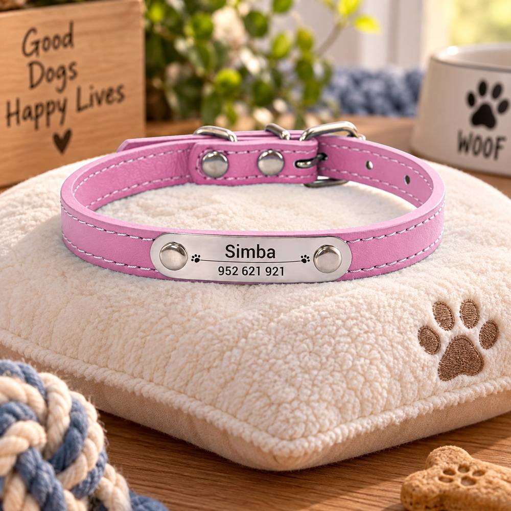 Collier Personnalisé Chien & Chat — Gravure Nom & Numéro — Anti-Perte — Cuir PU