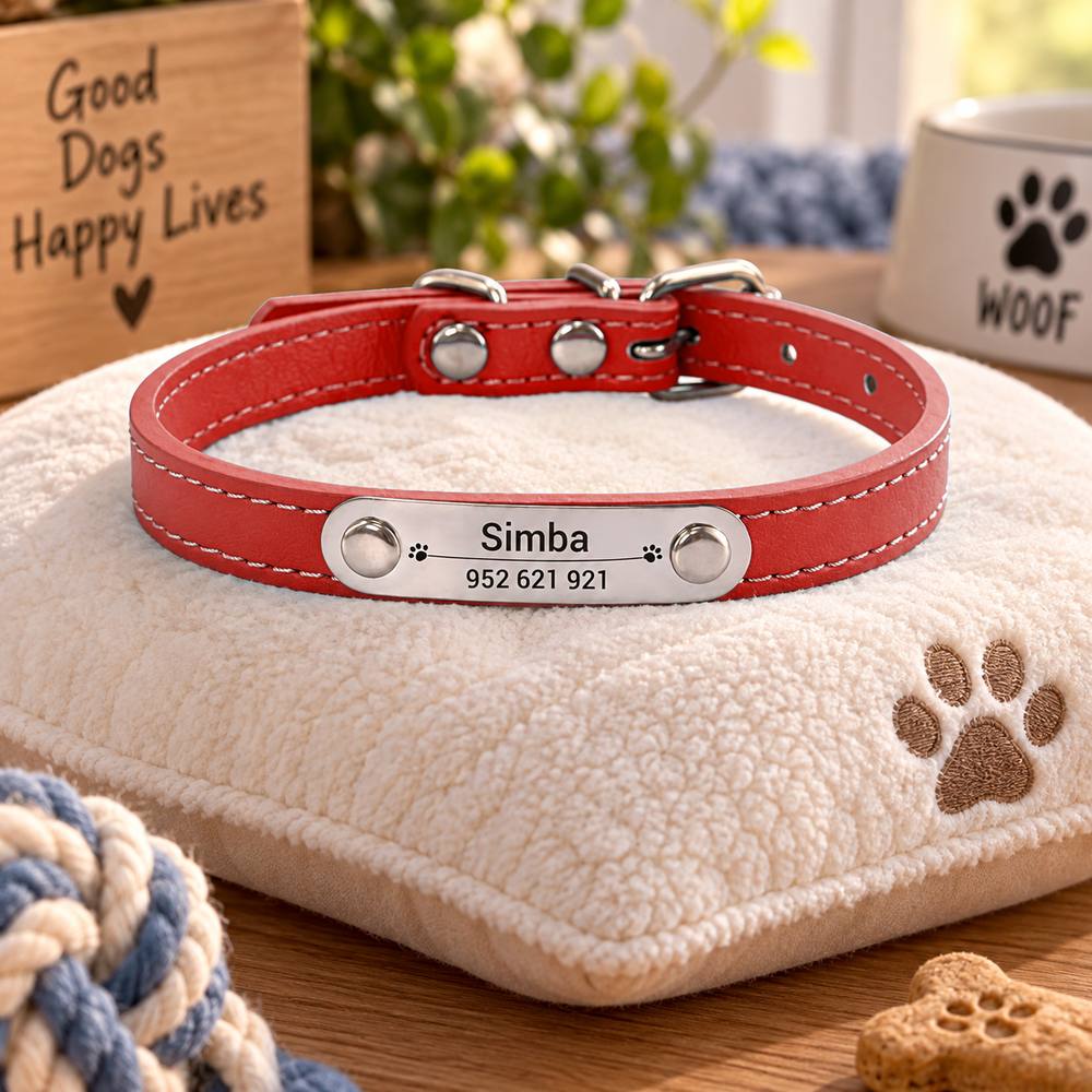 Collier Personnalisé Chien & Chat — Gravure Nom & Numéro — Anti-Perte — Cuir PU