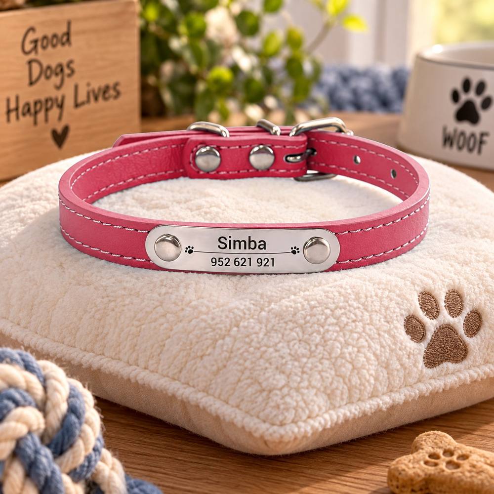 Collier Personnalisé Chien & Chat — Gravure Nom & Numéro — Anti-Perte — Cuir PU