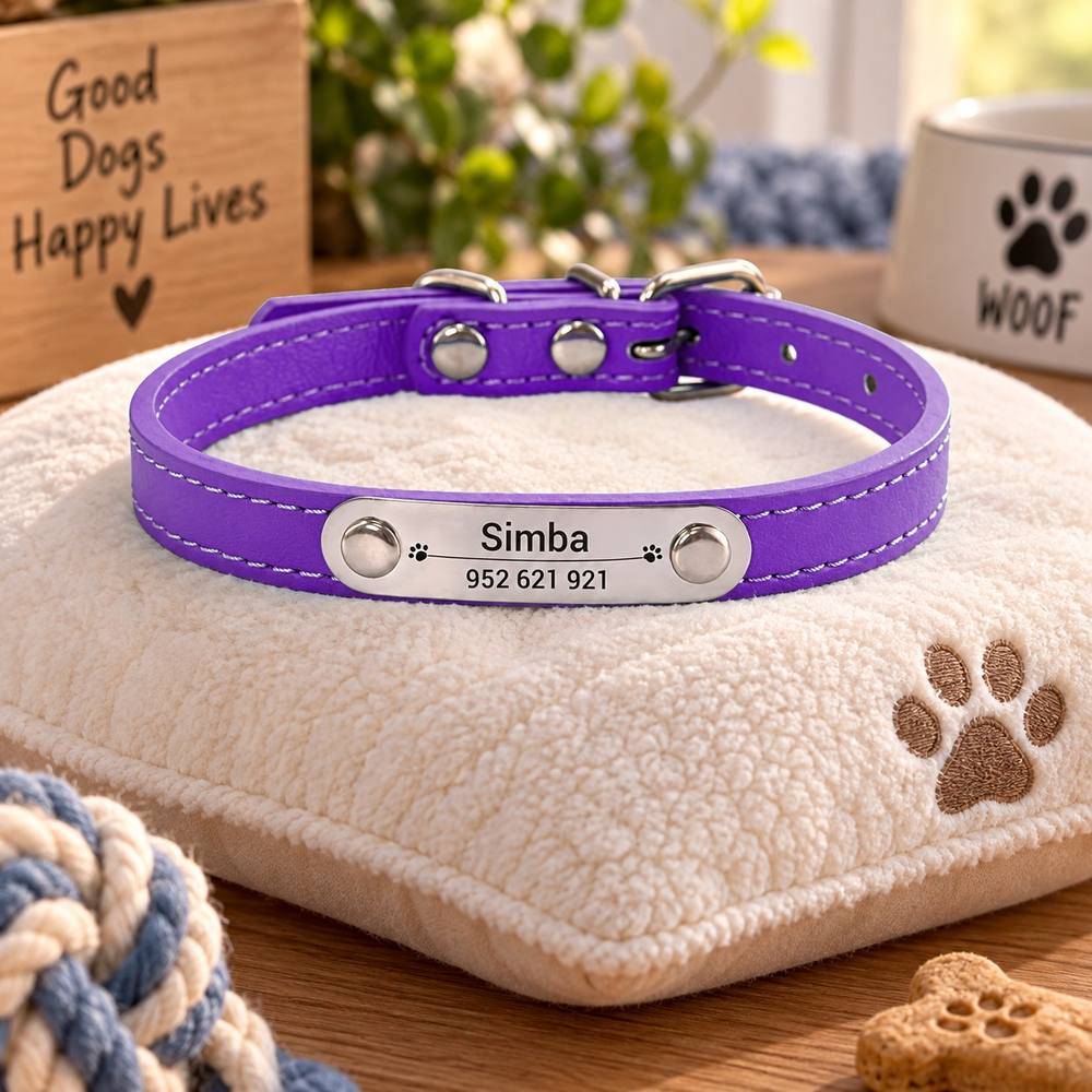 Collier Personnalisé Chien & Chat — Gravure Nom & Numéro — Anti-Perte — Cuir PU
