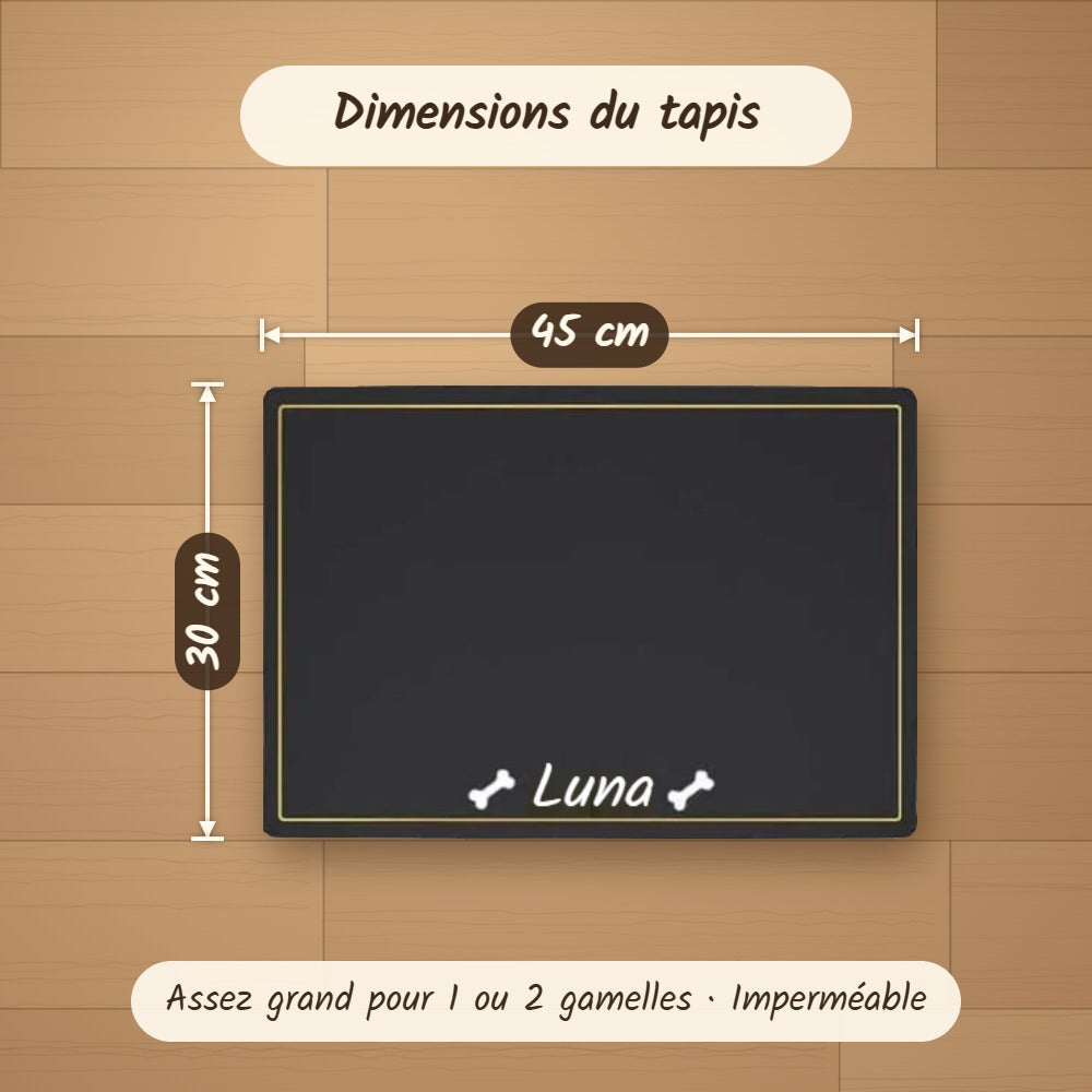Dimensions du tapis de gamelle personnalisé : 45 × 30 cm